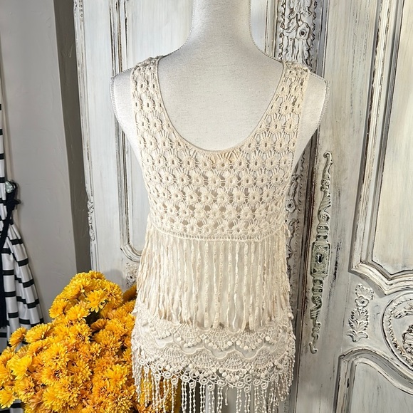 Crystal K Cream Lace Sleeveless Top with Fringe Boho Victorian Edwardian - Picture 3 of 7
